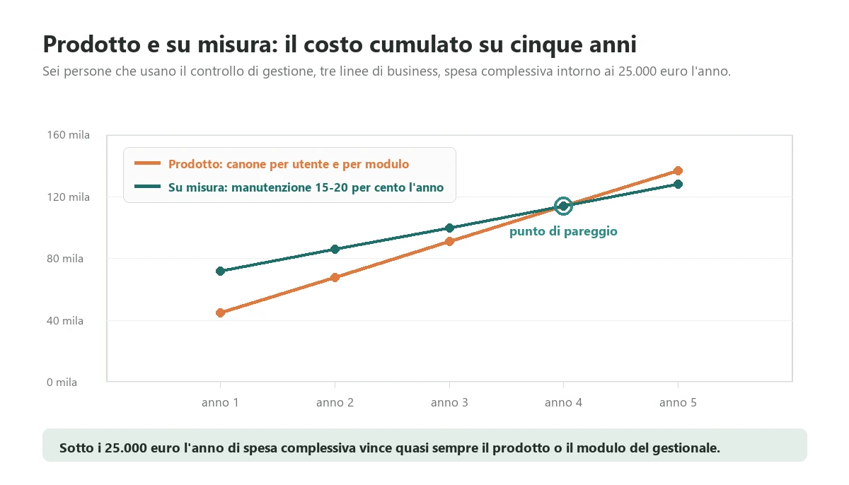 Cumulative five year cost of subscription management control software compared with a custom system for six users and three business lines, showing the break-even point around year four